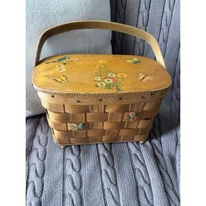 VTG 1970's Decoupage Butterfly Floral Wood Basket Footed Handbag Purse Cottage